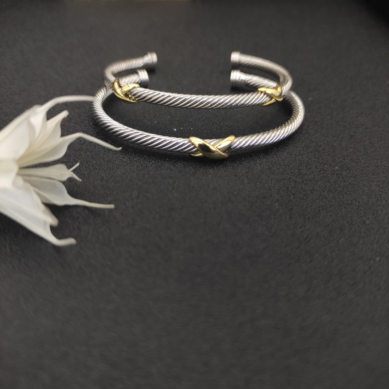 David Yurman Silver Cable Wire Bangle Bracelet with Gold Accents